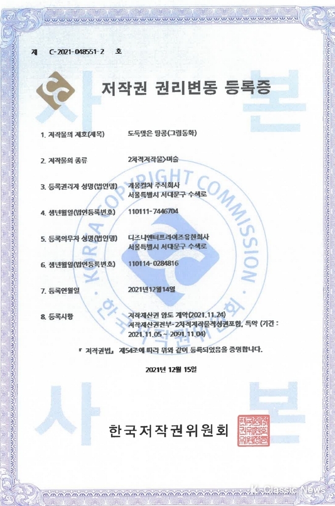 사진=도둑맞은 땅콩(그림동화) 저작권 권리변동 등록증