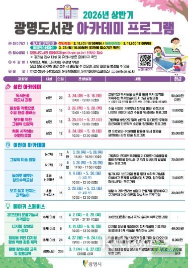 광명도서관 2026년 상반기 아카데미 프로그램 안내문.